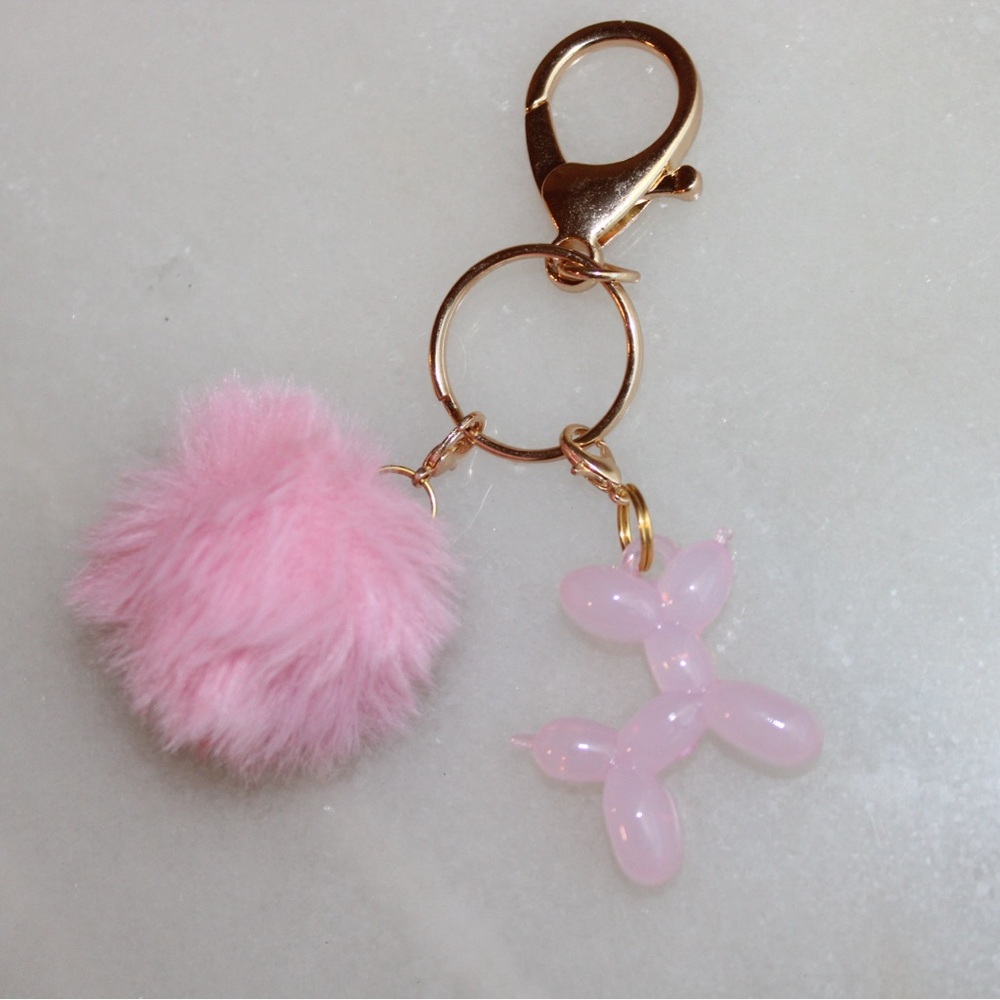 Bag Charm Pom Pom & Balloon Dog Keychain Pink with Gold Hardware